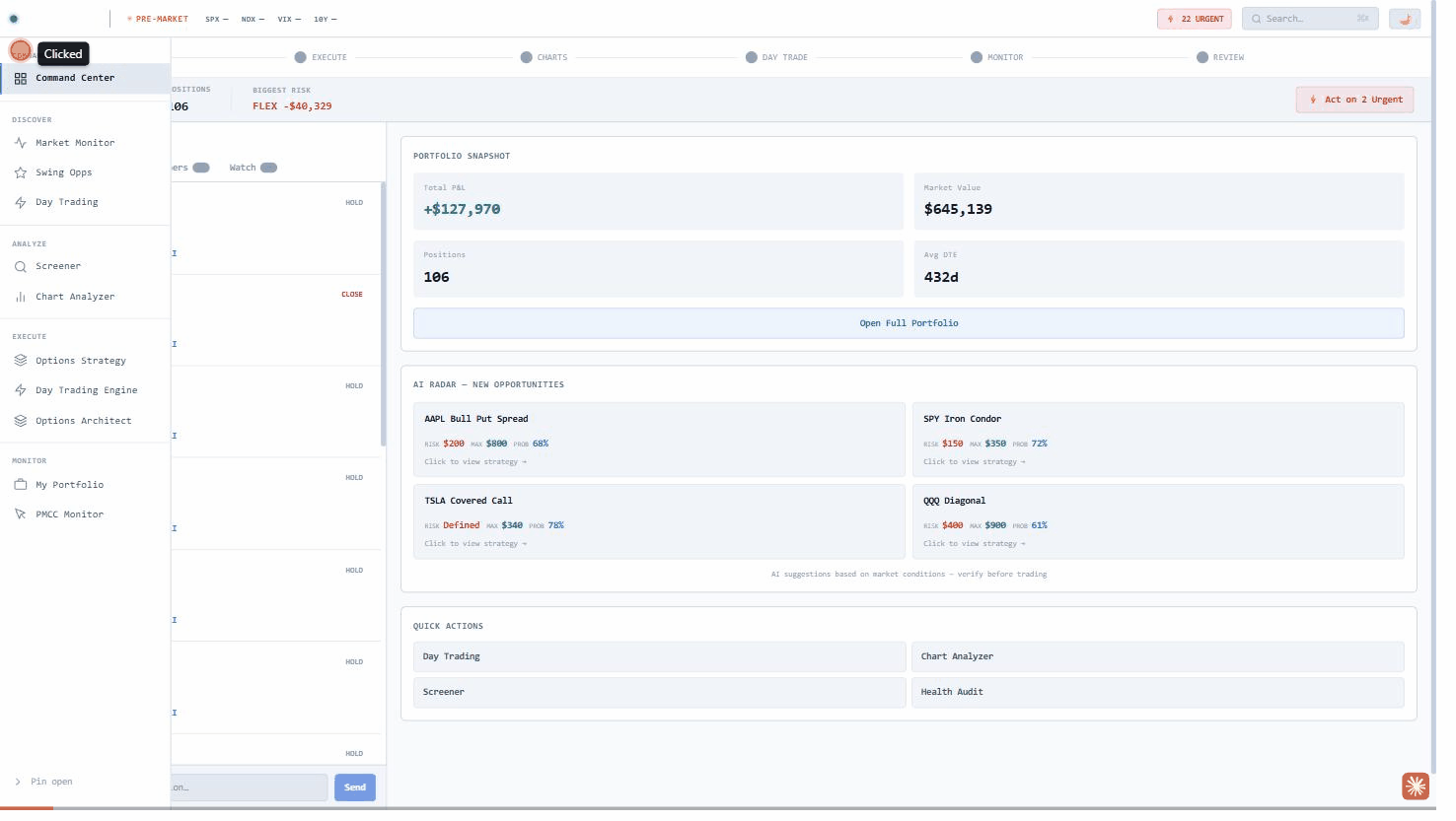 TradeCockpit demo — navigating through Market Monitor, Command Center, Chart Explorer, and Screener